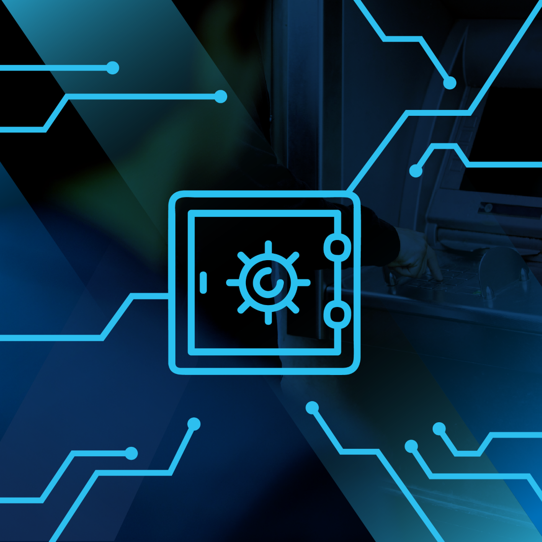 person at atm, with blue overlay and data lines