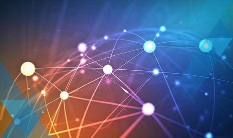 rainbow colored data lines with blue array on top
